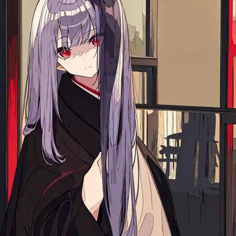 masterpiece, best quality，1 Girl，poker face，Black Kimono，serious，coat，Gray hair，Red pupil，No Expression，独奏