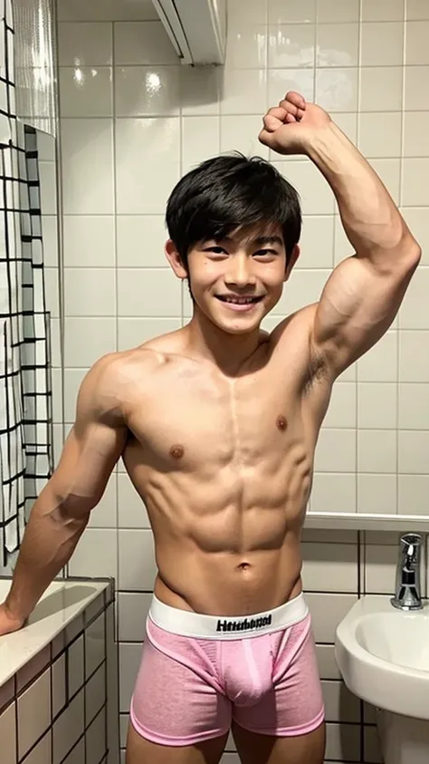 Japanese men、13 years old、Baby face,  size, short stature, large muscles, smooth skin、Sporty short hair、A friendly, healthy smile、The active pose and bulging muscles give the impression of a youthful look.、Colorful, thin, narrow boxer briefs、In a healthy b...