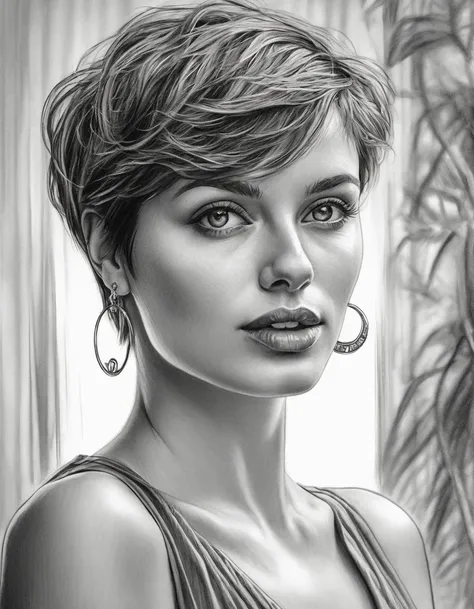 a drawing of a woman with short hair and hoop earrings, detailed beauty portrait, detailed beautiful portrait, realistic pencil ...