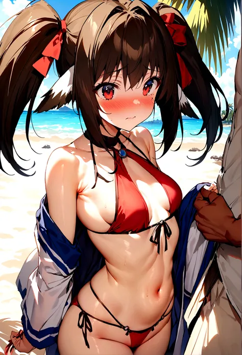 NSFW,masterpiece,Highest quality,High resolution,Super detailed,Nekone (Utawarerumono),Brown Hair、（Red Eye：1.3）、ribbon,Twin tails、ヘアribbon、Mole、目の下のMole,Small breasts,Japanese style,High quality sexy bikini,beach,Palm tree,Rock Shade,Embarrassed,blush,(Sed...