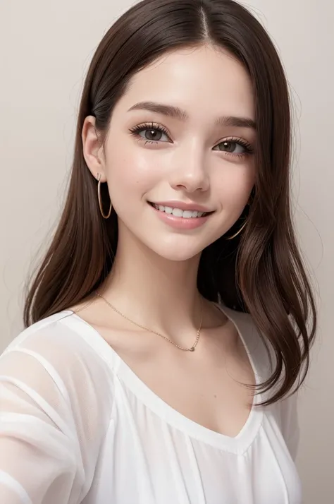 26 year old young woman, white, piercing no septo, rosy cheeks, cabelo grande ondulado preto com franja curta e com duas marchas whites de cada lado, small, brown eyes, beautiful smile, style cartoon.