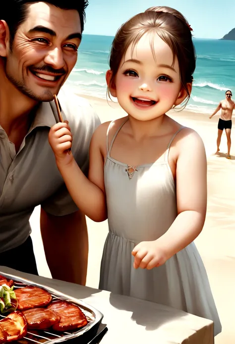 Family enjoying a barbecue（father、mother、Young Girl）、Looks like a lot of fun、smile、At the beach、clothes、Realistic