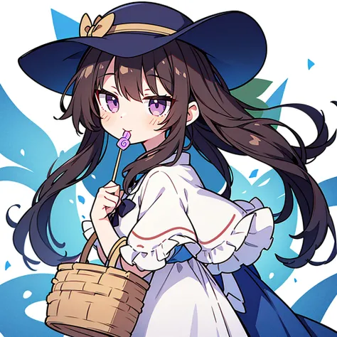 Girl，Upper Body，sideways，Wear a brown straw hat，Black long curly hair，Lollipop stick in mouth，Look back，Wearing white and blue lolita，Carrying a bamboo basket on the back，cute，cute，White background，big purple eyes，Holding red and blue game consoles in both...