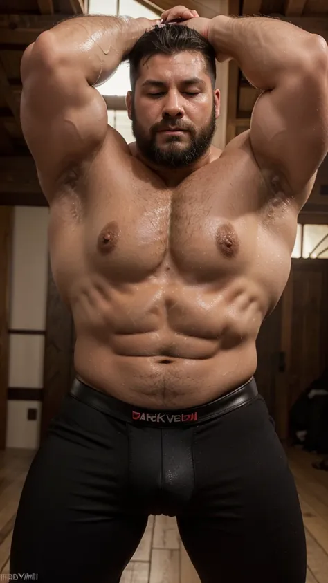 chubby, male, veins are clearly visible, venousness, fluffy, fluffy, bare chest, hot, Wet, sweaty, A lot of sweat, muscular abs, Wide body ,back view, thick beard , Blackbeard, Anthro bear, black body, black fur chest, Wide body, big breasts,(gasped) ,sali...