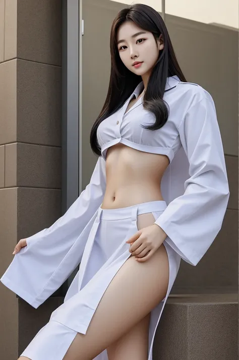 Create a Korean woman with the body of a 20 year old woman in uniform
