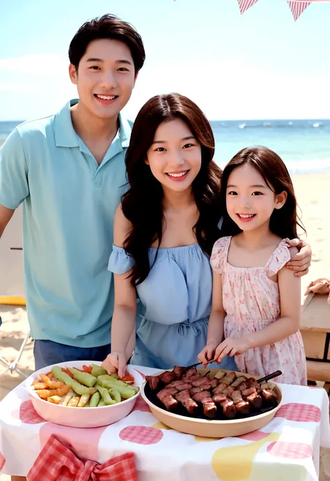 Family enjoying a barbecue（father、mother、Young Girl）、Looks like a lot of fun、smile、At the beach、clothes、Realistic