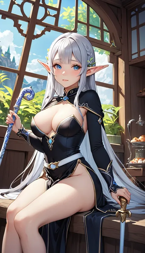 Highest quality、super high quality、16K, Delicious breasts、Facial expressions are random、The location is a fantasy world、 Hair color is silver hair、The pose is holding a cane、The distance is random、Angles are random、Small face、Very delicate facial expressio...