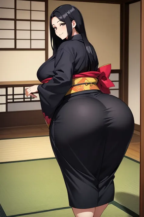 4K((Highest quality)),(masterpiece) , (detailed), Perfect face, perfect body (((Mature woman with long black hair and dark eyes))) (Japanese Kimono) Japanese-style house, tatami mats, sliding doors, veranda, voluptuous body, thick female body,Erotic manga ...