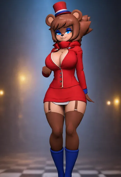 (Best Quality, masterpiece1.2), 1 girl, Alone, human, cally3d, (peace), brown body, top-hat, bear ears, socks, Women, Red hoodie, Blue eyes, sexy, detailed, extreme detail, perfect lighting, 4k, hood down,