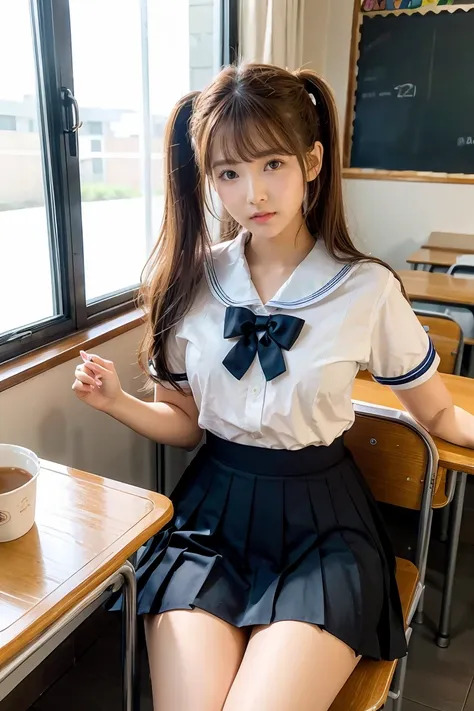 ((masterpiece, best quality)),the best aesthetics,1 girl, , table, sit, school table, brown hair, classroom, long hair, in the b...