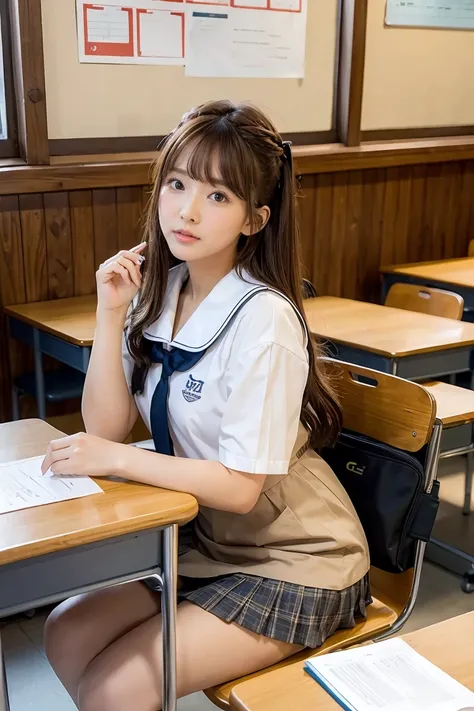 ((masterpiece, best quality)),the best aesthetics,1 girl, , table, sit, school table, brown hair, classroom, long hair, in the b...