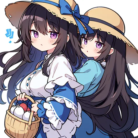 Girl，Upper Body，sideways，Wear a brown straw hat，Black long curly hair，Look back，Wearing white and blue lolita，Carrying a bamboo basket，cute，cute，White background，big purple eyes，Holding red and blue game consoles in both hands