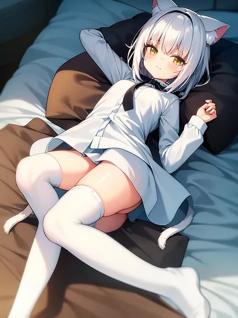 White silk knee socks，Short skirt，Boots，Lining，coat，White hair，Cat girl，Loli，small headdress，Main color white light blue light pink，Lying in bed