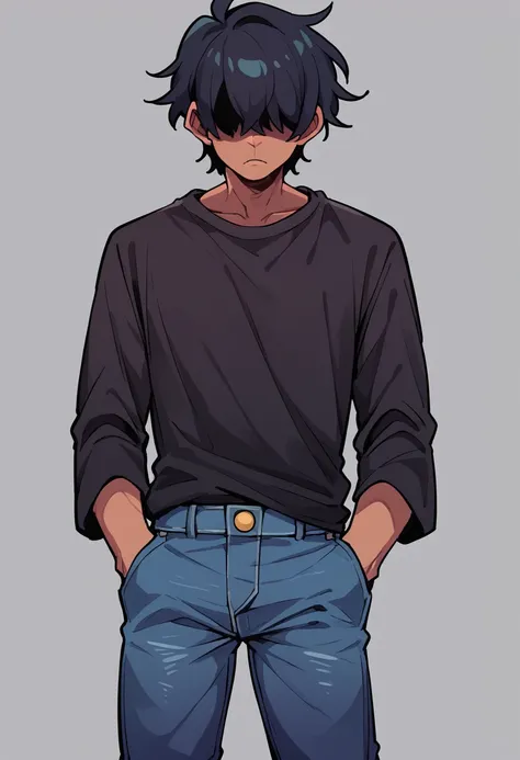 a boy with hair covering his eyes, hands in pockets, wearing jeans, inspired by kris from deltarune, dark background, serious lo...