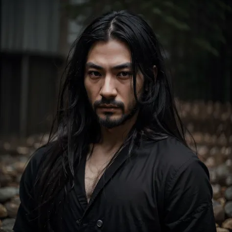 A Japanese man, very long black hair, beautiful detailed eyes, small detailed nose, detailed lips, medium black beard, long eyelashes, serious expression, detailed facial features, hyper-realistic, dark and moody atmosphere, soft color palette, dramatic sh...