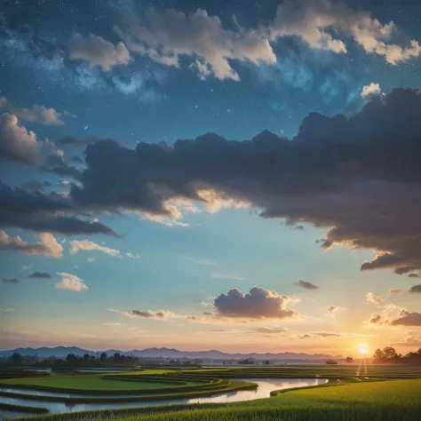 Best quality, 4k, 8k, high-level, masterpiece: 1.2, ultra detailed, realistic: 1.37, (Endless rice fields), a  ，double exposure，blue sky, dreamy atmosphere, bright color palettes, vibrant hues, Impressionist brushstrokes, subtle lighting effects ， sunset o...