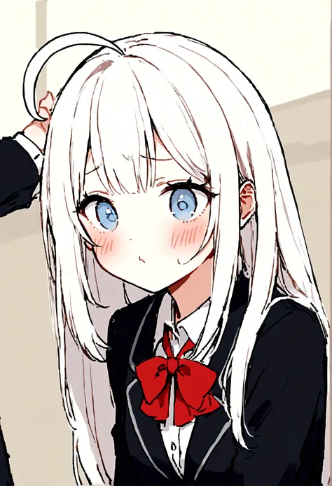 The character has long, straight silver-white hair with a side part and a small ahoge, adorned with a red ribbon tied on the left side. Her light blue eyes, often expressing a tsundere (cold but sweet) demeanor, are complemented by a slight blush on her ch...