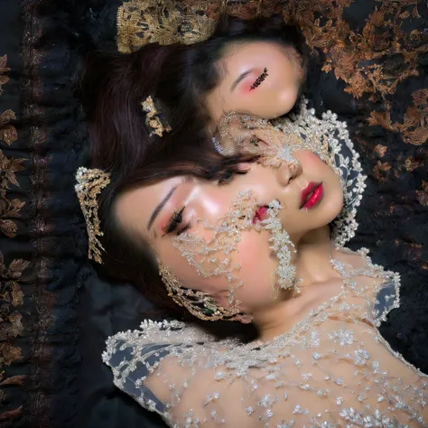 In a striking 8K HDR scene, a stunning Korean woman, 22 years old, lies peacefully in a black coffin surrounded by plush pillows. The deep box is set against a rich black background, accentuating the beauty of the subject. Her exquisite kebaya attire is em...