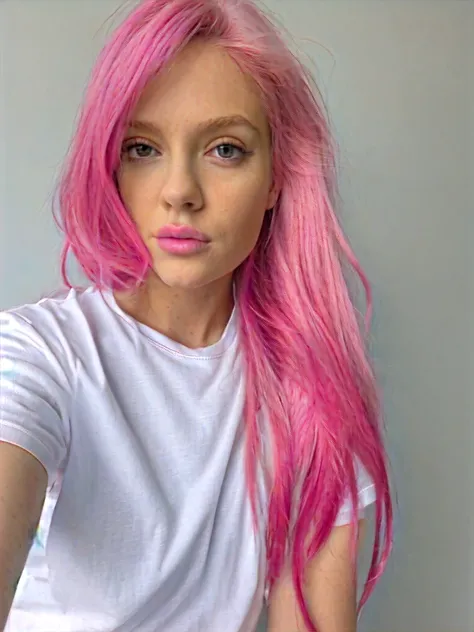 pink hair, long hair, white shirt, looking at viewer, 1 girl, selfie