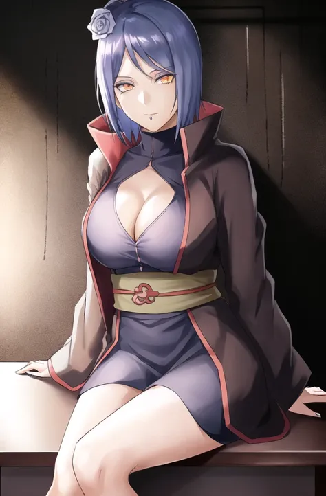 konan (naruto), solo, looking_at_viewer, 1girl, closed_mouth, akatsuki outfit, labret piercing, looking at the viewer, robe unbuttoned, cleavage, (((sitting on the table inside dark room))), night time, busty, large breasts