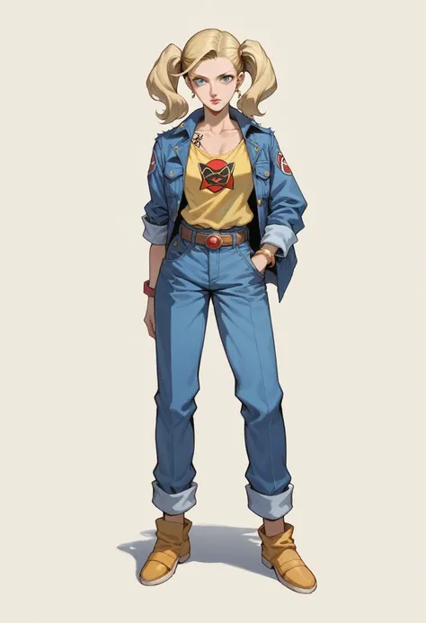 anime girl with a tattoo on her arm and a yellow shirt, misty from pokemon, full body portrait of a short!, faye valentine, anime woman fullbody art, android 18, knights of zodiac girl, faye valentine from cowboy bebop, inked and colored, female protagonis...