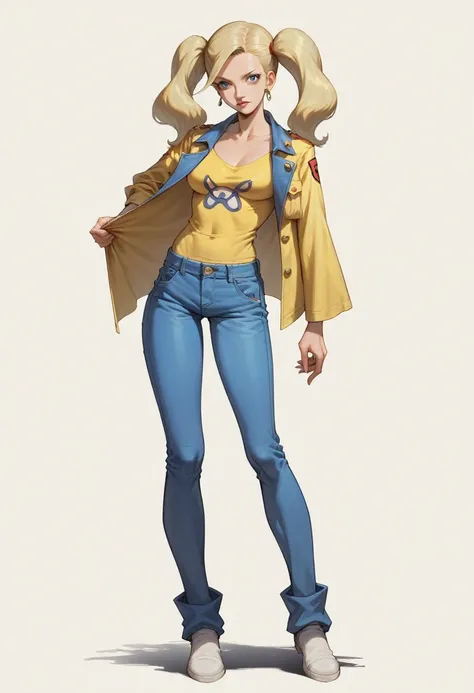 anime girl with a tattoo on her arm and a yellow shirt, misty from pokemon, full body portrait of a short!, faye valentine, anime woman fullbody art, android 18, knights of zodiac girl, faye valentine from cowboy bebop, inked and colored, female protagonis...