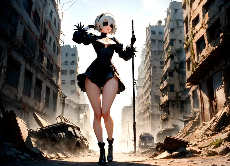 ((best qualityer)), ((work of art)), (very detailled:1.3), 2B in the ruins of a city in the forgotten war, Ancient Technology, Nier-Automata, standing, fully body, legs slightly open, arms half raised, photographic essay, facefocus, Looking at the sky, hdr...