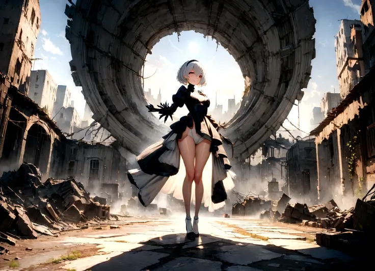 ((best qualityer)), ((work of art)), (very detailled:1.3), 2B in the ruins of a city in the forgotten war, Ancient Technology, Nier-Automata, standing, fully body, legs slightly open, arms half raised, photographic essay, facefocus, Looking at the sky, hdr...