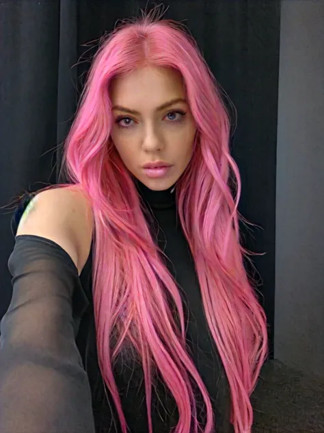 pink hair, long hair, black shirt, hotel background, elegant, black tie, looking at viewer, 1 girl, selfie