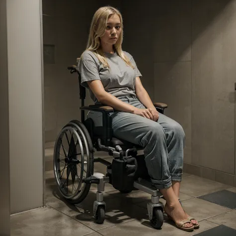 Blonde girl in wheelchair, sad face, gray shirt and wet pants, because he peed, the wheelchair is black, space (bathroom).