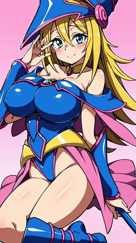 Black Magician Girl、Huge breasts、Thick thighs、blonde、magic circle、8K, 4K, Highest quality, High resolution: 1.2),Wink、Expose one breast、Cute anime face、Pink blush on cheeks、Noise Reduction、Tight leotard