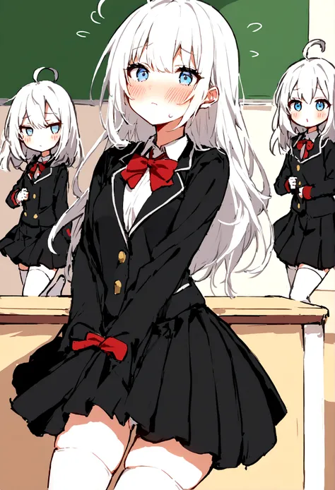 The character has long, straight silver-white hair with a side part and a small ahoge, adorned with a red ribbon tied on the left side. Her light blue eyes, often expressing a tsundere (cold but sweet) demeanor, are complemented by a slight blush on her ch...