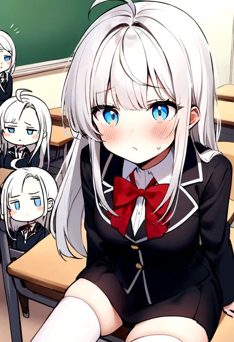 The character has long, straight silver-white hair with a side part and a small ahoge, adorned with a red ribbon tied on the left side. Her light blue eyes, often expressing a tsundere (cold but sweet) demeanor, are complemented by a slight blush on her ch...