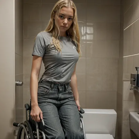 Blonde girl in wheelchair, sad face, gray shirt and wet pants, because he peed (urine stream), the wheelchair is black, space (bathroom).