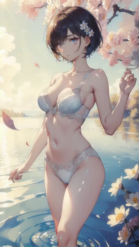 ((masterpiece, best quality)), Epic battlefield atmosphere，Delicate face，goddess，sunshine，whole body，Standing picture，glowing eyes，Handsome short hair，Perfect body proportions，Pure white background，Water Ripples，Lace，flower，Fallen Leaves，Sexy Lingerie