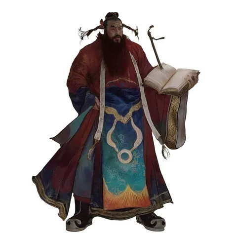 tan skin chinese ancient officer, red wild beard, luxurious red robe, holding a book, a flying chinese brush, one hand put at th...