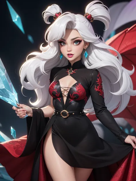 Ultra detailed, lattin drag queen, clothing, hole body, white hair, drag queen, dress black and red, crystals, details, hole body, fashion, dragon, beauty hair, fashion dress, Meleys