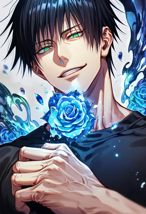 Ultra detailed, HDR, Highres, absurdres, master piece, Fushiguro Touji, black hair, expressive green eyes, Jujutsu Kaisen, handsome, sexy man, solo, black tight shirt, blue water, fantasy, magical, cursed energy, blue aura, blue petals, handsome smile, bes...