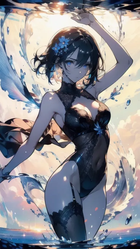 ((masterpiece, best quality)), Epic battlefield atmosphere，Delicate face，goddess，sunshine，whole body，Standing picture，glowing eyes，Handsome short hair，Perfect body proportions，Pure white background，Water Ripples，Lace，flower，Fallen Leaves，Sexy Lingerie