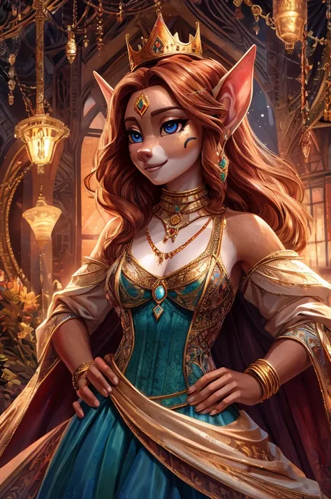 Steampunk inspired elven princess. copper wire necklaces and bangles. Crown of fine copper wire. copper coloured tatoos cover her face and body intricate and beautiful designs. LArge pointed ears that end in curlicues. Hands on hips. Ember colored eyes ado...