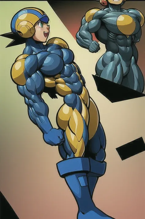 blue boots , yellow shoulder pads, blue helmet , Brown hair , green eyes, Blue suit, 1 Chico, whole body, masculine, muscular, happy, megaman ,muscle , body-builder  ,hypermuscle , human , Chico , male , Pecs , Big , huge butt  , alone 