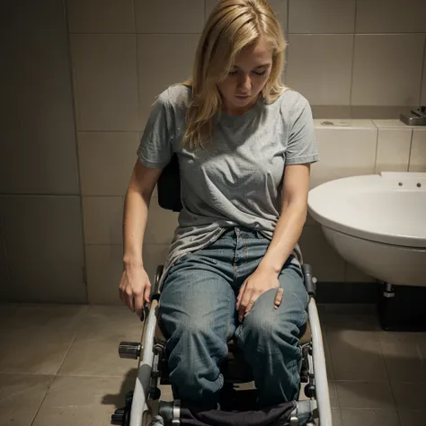 Blonde girl in wheelchair, sad face, gray shirt and wet pants (urine stain on pants) because he peed, the wheelchair is black, space (bathroom).