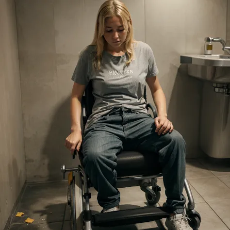 Blonde girl in wheelchair, sad face, gray shirt and wet pants (urine stain on pants) because he peed, the wheelchair is black, space (bathroom).