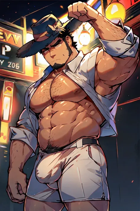 score_9, score_8_up, score_7_up, score_6_up, score_5_up, score_4_up, 1boy, big_pectorals, big_muscles, dad_bod, soft_belly, ((fedora_hat)), dark_ambiance, stubble_beard, serious, bulge, ((tuxedo with rolled up sleeves))