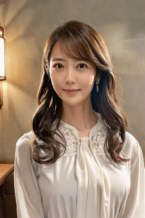 ((Highest quality)), ((masterpiece)), (detailed),Perfect Face,Japanese,Fair skin,Upper Body,Long Hair,Womens Ana Style,blouse,Mature Woman