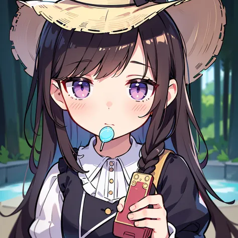 a beautiful young girl wearing a brown straw hat, half body portrait, side view, wearing white and blue lolita dress, looking back, holding a lollipop in her mouth, holding a handheld game console, carrying a bamboo basket on her back, long black curly hai...