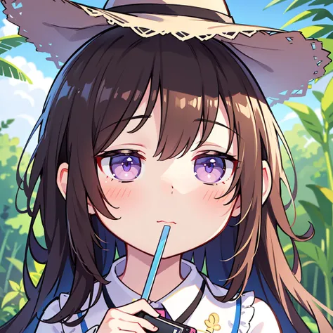 a beautiful young girl wearing a brown straw hat, half body portrait, side view, wearing white and blue lolita dress, looking back, holding a lollipop in her mouth, holding a handheld game console, carrying a bamboo basket on her back, long black curly hai...