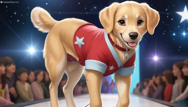 a golden retriever，very cute，pretty，wearing dog clothes，it walks on the catwalk，like a star，medium shot，real photography。