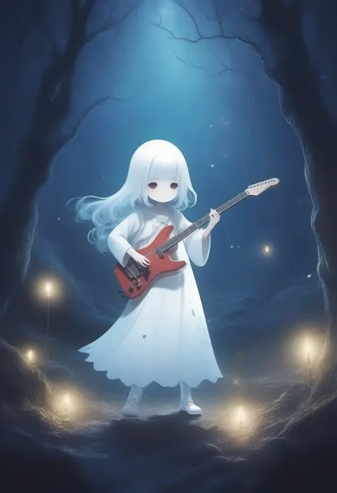 score_9, score_8_up, score_7_up, score_6_up, score_5_up, score_4_up, chibi, 2.5D, delicate and dynamic depiction, cute ghost live performance, singing, dancing notes, playing electric guitar, guitar with star-shaped iridescent glitter body, deep forest cav...