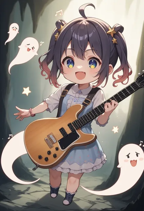 score_9, score_8_up, score_7_up, score_6_up, score_5_up, score_4_up, chibi, 2.5D, delicate and dynamic depiction, cute ghost live performance, singing, dancing notes, playing electric guitar, guitar with star-shaped iridescent glitter body, deep forest cav...